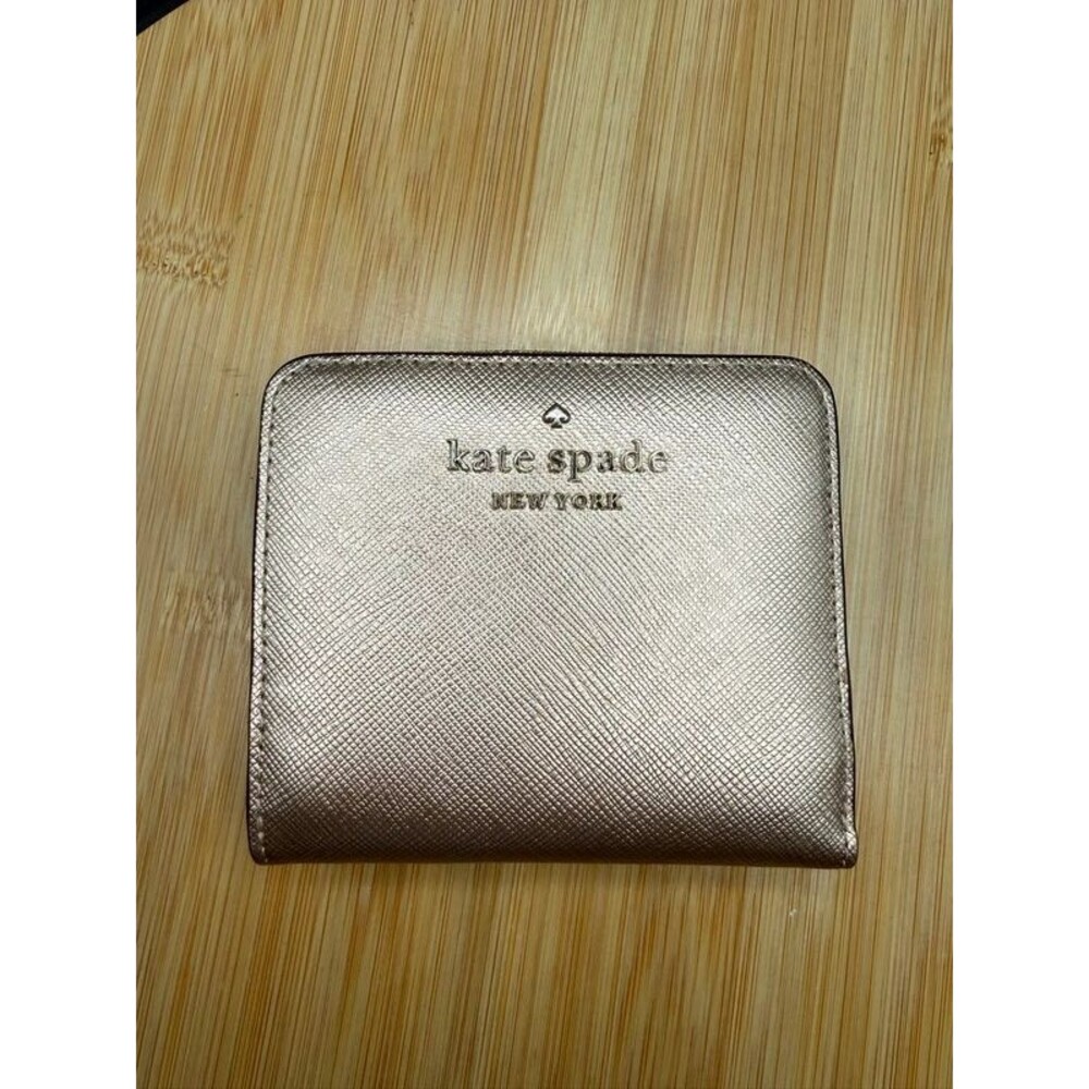 Kate Spade Staci leather small zip around bifold wallet ID bill slot rose gold